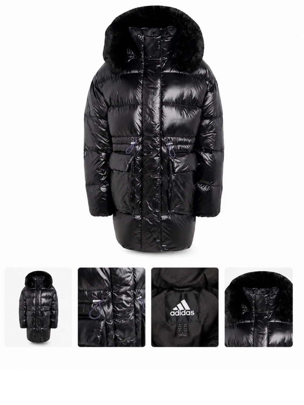 Title Adidas Women's PUFFED DETACHABLE LONG FUR HODEED JACKET. Black
